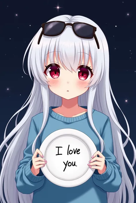 Girl in blue sweatshirt with red eyes and long white hair with sunglasses over her head holding a white plate written I love you with stars in the background and a dark sky anime manga version