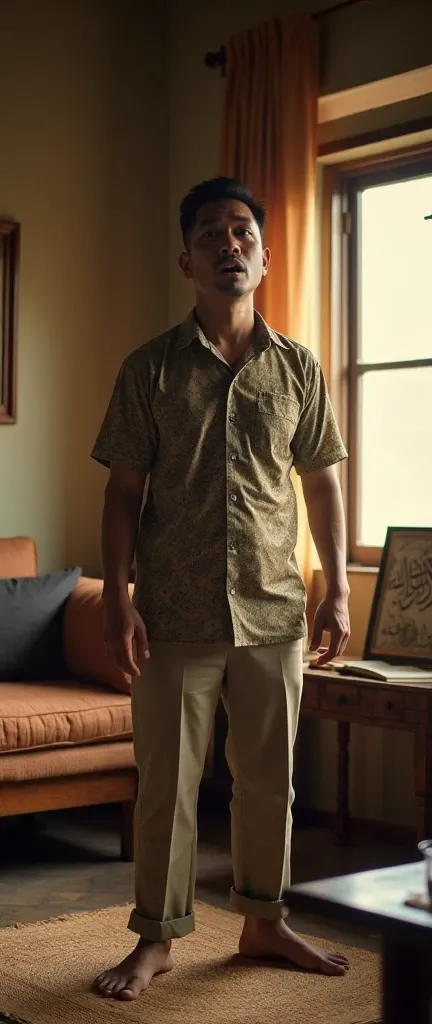 An Indonesian man in his late 30s standing in a modest living room, his expression frozen in shock with wide eyes and a slightly open mouth. He is dressed in a casual batik shirt paired with simple trousers and bare feet, reflecting his relaxed state befor...