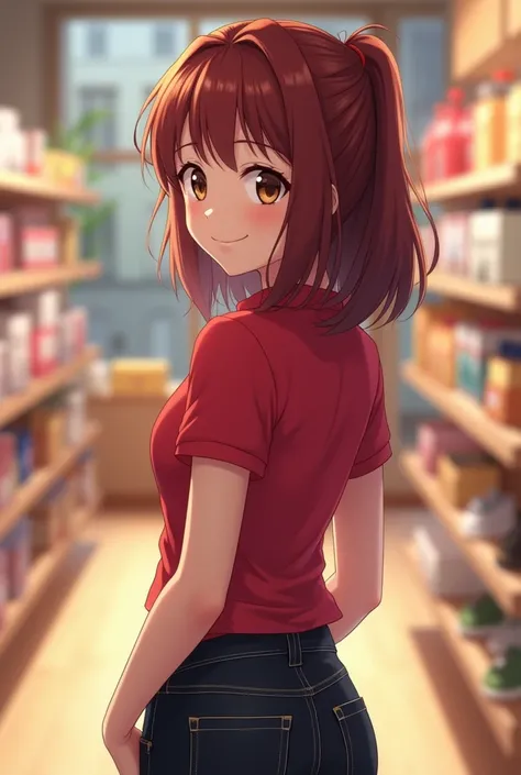 A close view of young anime woman standing in a store, with shoulder-length dark reddish-brown gathered hair and brown eyes, wearing red skinny polo shirt with short sleeves and black skinny jeans, wearing white sneakers, looking with smile, view frоm her ...