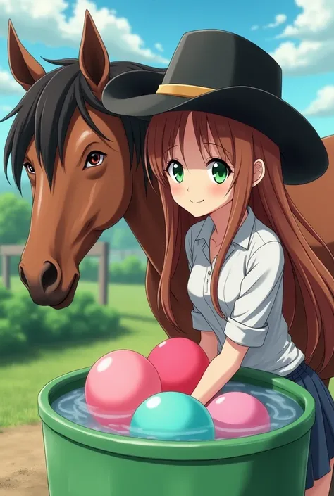  An anime about an adult woman with her green eyes  , with a brown horse close to ,  she wears a black cowboy hat on her head ,  has a small pool filled with a party balloon inside, Chupetas Dropped to the ground .