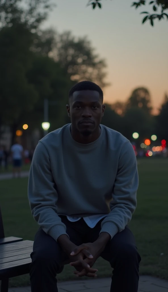 A man sitting on a park bench during a calm evening, his face slightly blurred or turned away, wearing neutral and casual clothes, exuding an air of self-reflection and confidence. The background shows faint silhouettes of trees and streetlights, creating ...