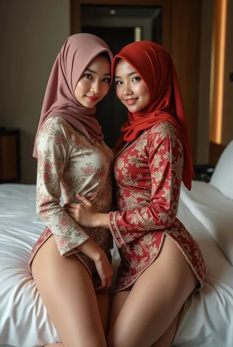 Two malay muslim girl with hijab wearing sexy kebaya clothes are showing their hips together at the bed in hotel