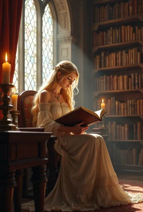 
a medieval blonde princess reading a book at the castle in her library