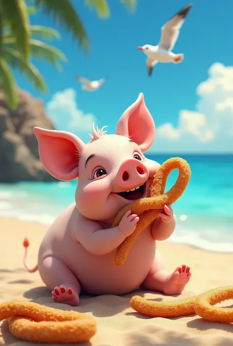 Create an image of a pig eating churros on the beach