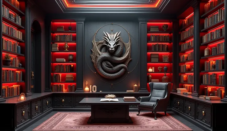 Study Room Overview: A dragon-themed study room with black bookshelves and red glowing edges