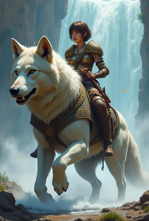 , brun cheveux courts,  rides a giant wolf , outfits warrior ,  fantasy world floating island,  waterfall background ,