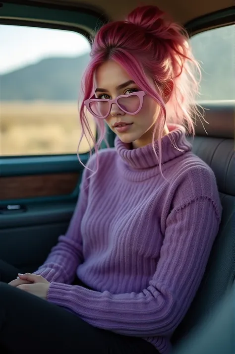 8k quality, masterpiece, ((Ultra detailed background, Intricate details)), best quality, Intricate details, Chromatic Aberration, woman, looking at viewer, bouffant hair, pink hair, pink heart glasses, purple knitted sweater, black pants, sitting in the ba...