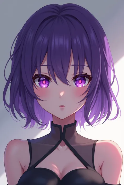 Anime girl with short purple hair to the middle of the neck and sharp blank purple eyes 