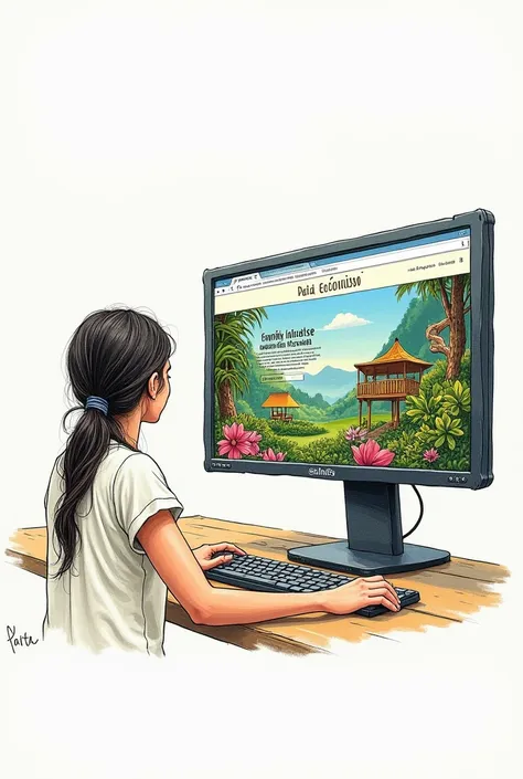 freehand drawing of a person with a computer showing the attractive PÁITA ECOTURISMO website with photos of nature, ecotourism activities  (walks,  Birdwatching 