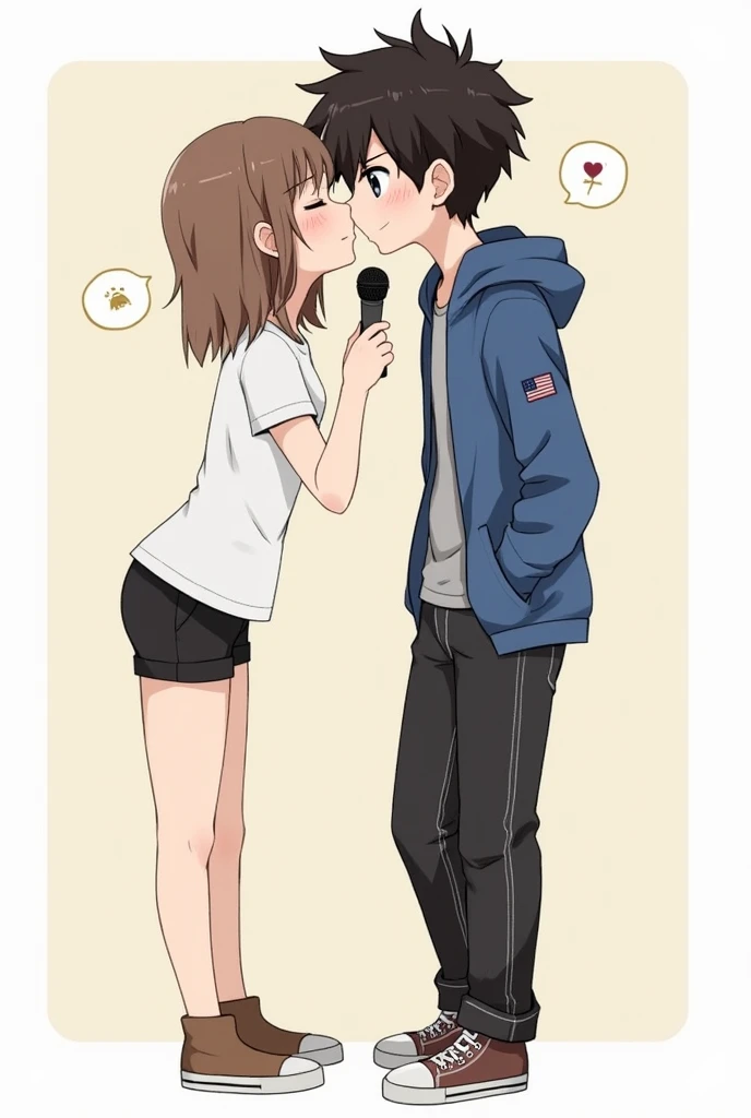 1girl, 1boy, one wheat mark, mike, kissing, about girl: brown hair shoulder length with light ends, pale skin, brown eyes, white t-shirt, black shorts; about boy: dark chocolate hair, lush, thick and slightly disheveled, They curl slightly at the ends, pal...