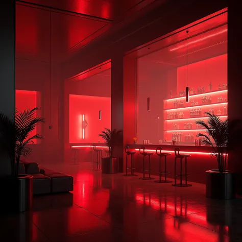 glazed room with red light lighting and a bar with stools, nightclub, Club lighting , VIP room, reflecting light in a nightclub, night club, in a nightclub,  stage in a club ,  Sci-Fi nightclub, Very steamy bar in Paris, without people

