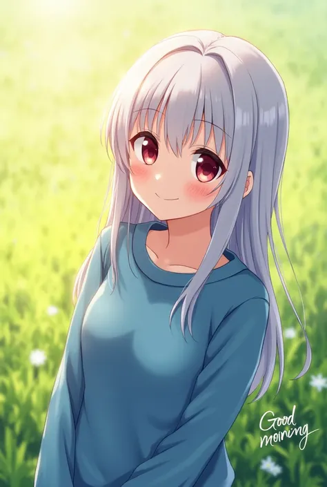 Girl in blue sweatshirt with red eyes and long white hair reflecting afternoon sunlight with green grass reflecting sunlight with a smile written good morning in the corner of the screen anime manga version