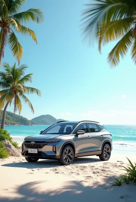 Create an image of a BYD car sunbathing on the beach with a solar panel on the roof of the car