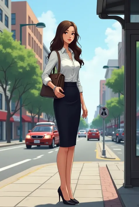 Woman dressed as a secretary on a bus stop