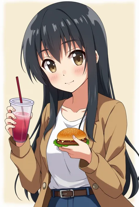 anime image of a woman holding a drink and a sandwich, an anime drawing inspired by Okumura Togyu, trending on pixiv, shin hanga, as an anime character, fubuki, yuyushiki, rei hiroe, iwakura lain, tsukasa hojo, sui ishida with black hair, hana yata