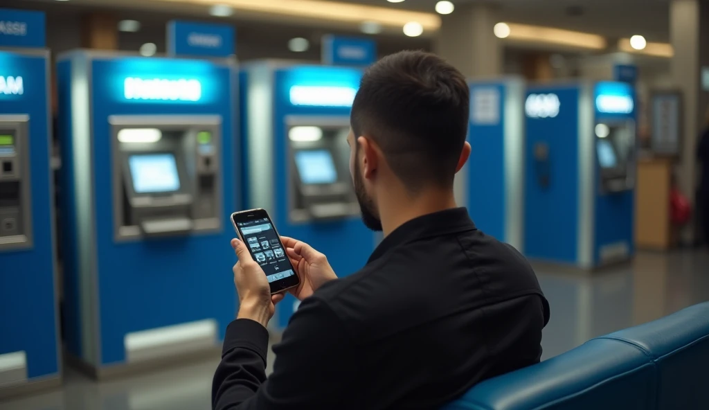 " A person sitting on a bank branch bench ,  holding a cell phone with the screen facing the camera , displaying the telephone interface . The person is wearing a simple black shirt and is the main highlight of the image. In the background,  there are seve...