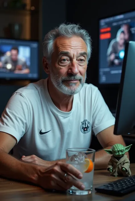  Cinematic frame of a man in his 50s ,  gray hair, Without Beard, wearing white Williams F1 team t-shirt , with a glass of Gin in one hand  ( with ice and a slice of orange ),  sitting in front of a computer showing images of StarWars on the screen, and a ...