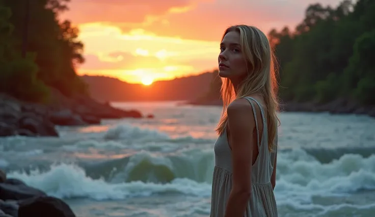 Scene Description:
The woman stands at the edge of a rushing river, the water crashing against the rocks as the sun sets behind her. She gazes out at the vastness of the water.
Surrounding Details:
The river is wild and untamed, flowing rapidly over rocks ...