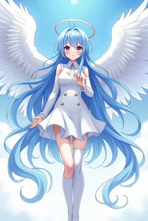 Create an anime-style character
Blue hair color with shades of light blue
Let it be a woman
That it has wings 
Your hair that is long
Full body
Blue eyes and a red one 
Wearing a white suit as a cute dress