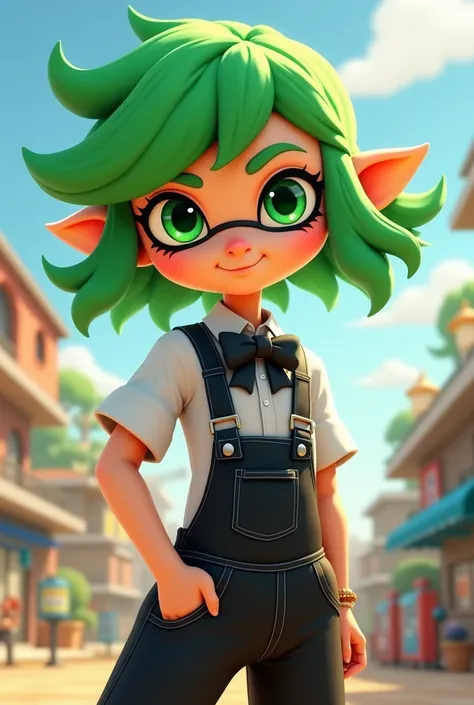 An Inkling from Splatoon with green hair  and Tan skin with a white shirt with a bowtie that’s black and black overalls on it