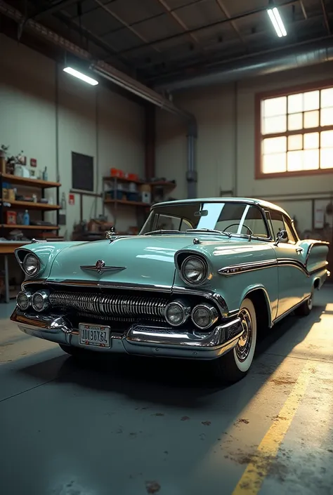 1958 Mercury Monterey coupe car in a workshop, half side and front photo