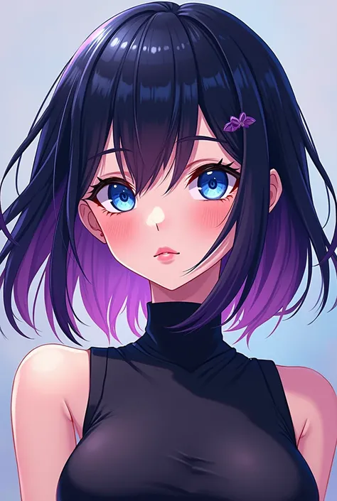  Create anime image of girl 153 cm tall weight 48 kg .  Jellyfish haircut hair with black ombre purple shoulder-length. blue eye color  . Kinda tomboy 