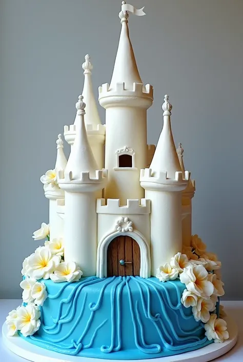 fairy tale-inspired cake with a castle design, complete with fondant turrets and a moat made of blue icing.