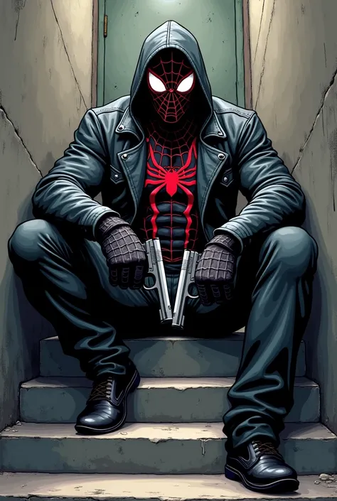 ganster spider man with guns, sitting on stairs thuf life,vector,clipart,cartoon
