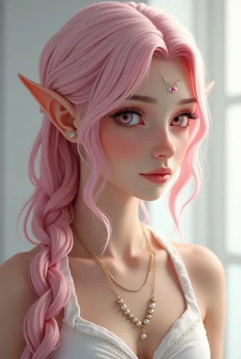 elf woman,  light pink hair ,  fair skin , bright,  light pink eyes ,  fine winding,  figure, realistic, Hair tied in a braid shape, usando um colar em formato de coração bright,  wearing a white top next to a long white room, highly detailed realistic