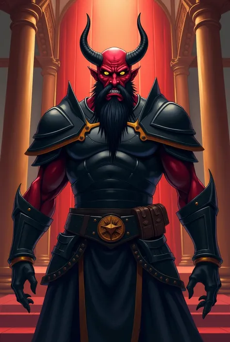  Bald man with two small horns on his head red skin completely yellow eyes wears an imposing black armor, a black beard that comes out of his chin pointy ears ,  pointed teeth full body ,   in the background the interior of an elegant empire.  anime style ...