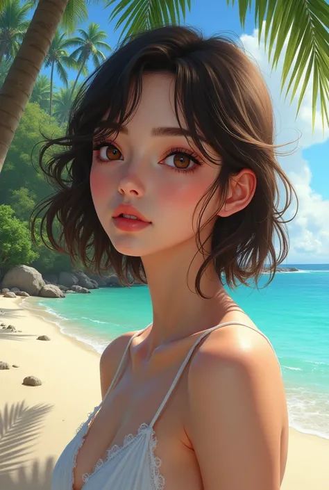 a beautiful cover with pretty island with pretty girl brunette whos big brown eyes with medium brown hair and beautiful small