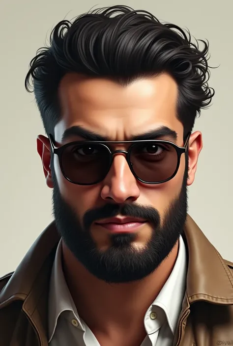 A brown Arab young man with an oval face full of a big nose with short hair, a thick beard, a mustache with sunglasses and big lips 