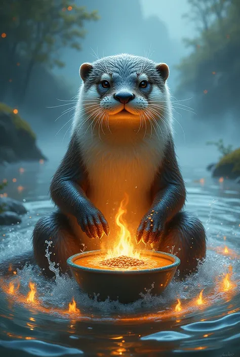  make me an otter that governs the elemental powers of water, Fire and air while eating lentil soup 