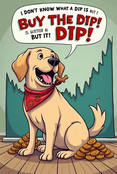 Prompt:
"A lovable Labrador with floppy ears, wearing a huge grin, a bandana, and holding a bone in its mouth. The Labrador is sitting in front of a giant stock chart with a massive dip, wagging its tail. The dog is surrounded by piles of dog treats shaped...