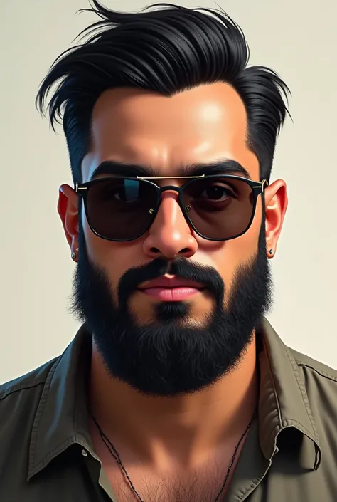 A brown Arab young man with a round face full of a big nose, short hair, a thick beard, a mustache with sunglasses and big lips 