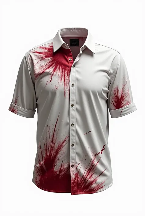 White background shirt with blood stains and tire marks on shirt