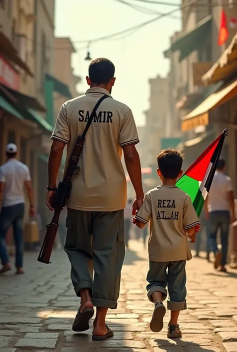 A man walks in Medina with his son Saghir. The mans shirt has the name Samir on the shirt and the shirt of the son Reza Allah. The man carries a hunting rifle and the son carries the Palestinian flag