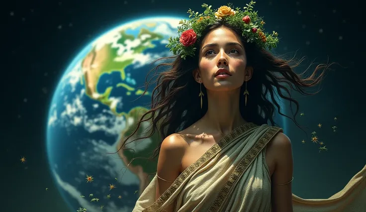 Image of Mother Earth and behind her in the background planet Earth