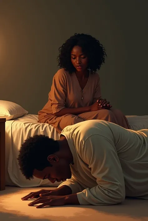 Yoruba man stretches out, prostrates with face on the ground and hands spread, surprised wife sits on a bed watching him, simple background arts, warm colours, dim light