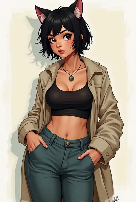 Crie o design dela. ( short black hair , messy,  giving a casual and natural touch . freckles on the face, reinforcing a unique charm and a little .
Medium chubby body,  with wide hips and large breasts ,  that she tries to disguise with loose clothing ,  ...