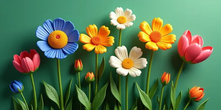  colorful flowers with long stems, Pixar style .  green plated background .
