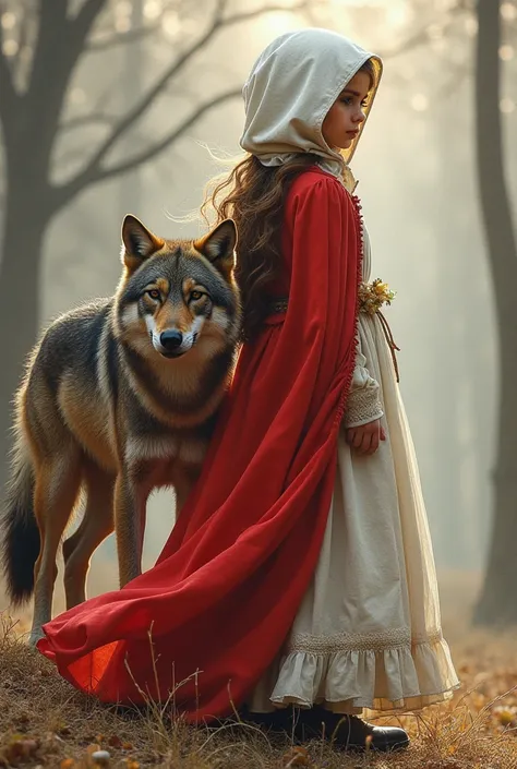 Make a girl that’s like the little red riding hood but instead of red hood it’s a white hood, make her standing with a wolf and the image is taken from behind but her side profile is shown (make it like 1800 style drawing*