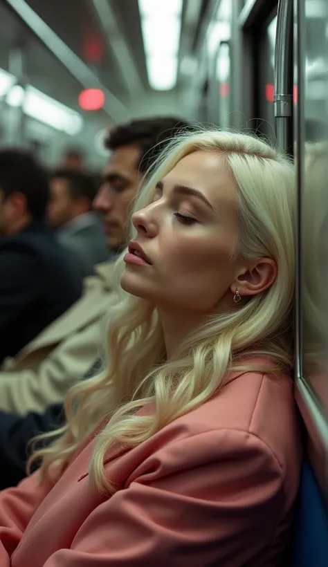 A stunning platinum blonde Italian beauty, peacefully slumbering in the crowded subway car, her delicate pink folds exposed and glistening slightly as she dreams, unaware of any onlookers ogling her vulnerable intimacy.