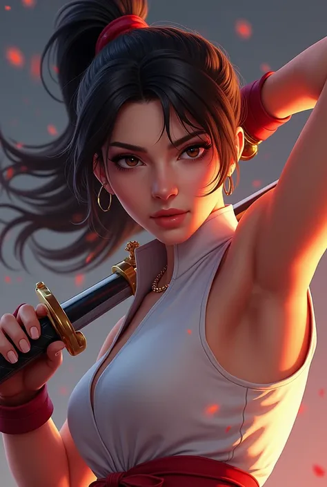 a close up of a woman with a sword in a white top, fighting game character, portrait of chun - li, portrait of chun li, chun-li, chun - li, chun li, katana zero video game character, portrait of modern darna, fighter pose, senna from league of legends, por...