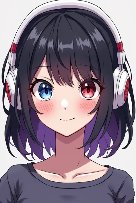 Create an anime image of a woman with a height of 153 cm, a weight of 48 kg.  Jellyfish haircut with black ombre purple sedada. Left eye color blue right red  . Kinda tomboy wears white headphones with red motif circle 