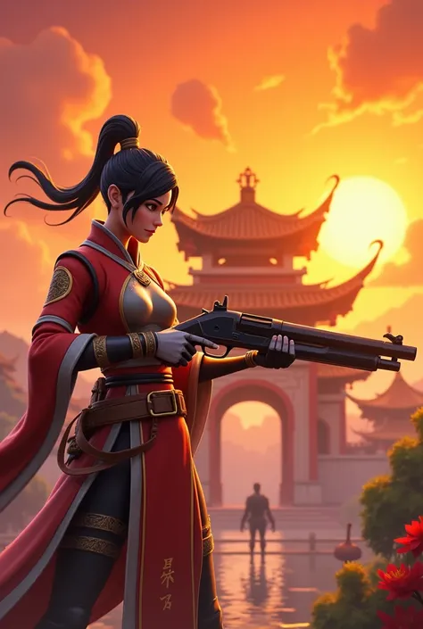 The chan li skin in Fortnite holding a pump next to a Chinese temple with a Nice orange sky in the background