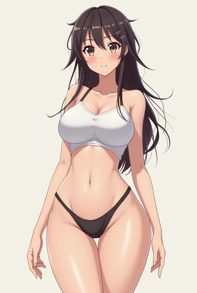 Photo of an anime woman with very large breasts and a little visible because her shirt cant hold the womans chest, and a beautiful, smooth white face, a slim band with big butts, only wearing a drawstring facing the front and the outline of the womans geni...