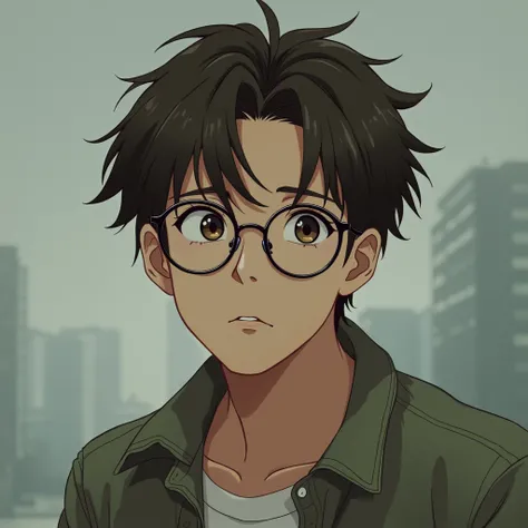  young man (30 years old) with glasses,  brown eyes, brown hair and melancholic look, anime