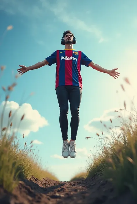 Man rising from the earth to the sky with headphones and Barcelona shirt, black pants and white sneakers 