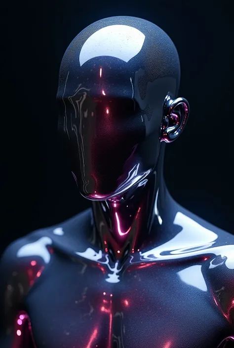 A high-resolution, cinematic portrait of a faceless male figure composed entirely of liquid gallium metal. The figure should be shrouded in an ethereal, otherworldly glow, with a highly reflective, metallic sheen. The background should be a deep, inky blac...